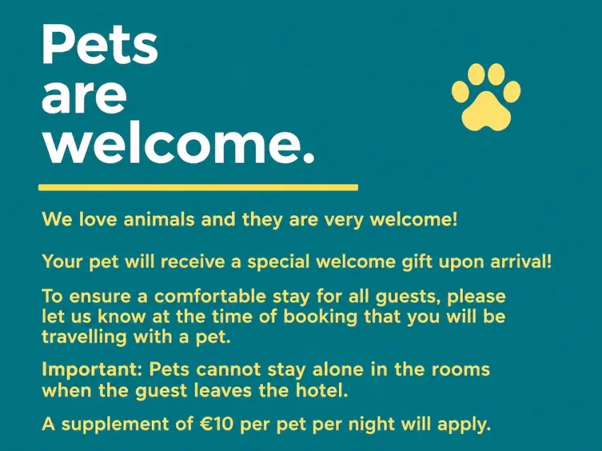 Information about the pet-friendly policy at Hotel Rural Las Solanas in Escalante, Cantabria, including welcome gift, accommodation rules and pet supplement.